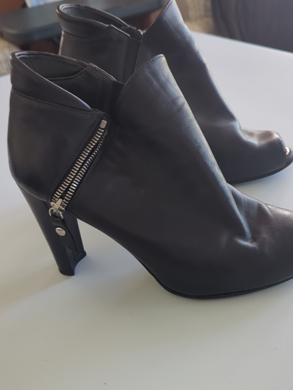 Stuart Weitzman Black Leather Peep-Toe Zip Ankle Booties